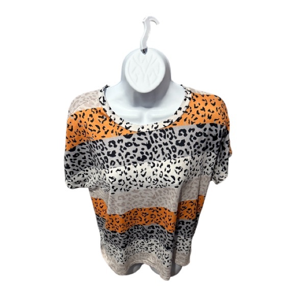 Leopard Print Striped Women's Top - Orange, Black, Cream - Picture 1 of 1